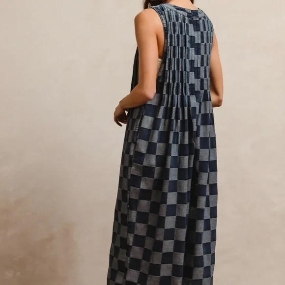 NWOT BiBi Dark And Light Blue Checkered Jumpsuit Oversized Small - Picture 3 of 10